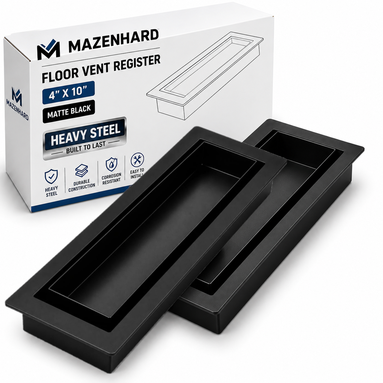 Flush Floor Register Vent 4X10 Heavy Duty Steel Covers Tile Insert Vents registers 10x4 Drop in Custom Modern Hidden Invisible Low Profile Mount 2 Pack