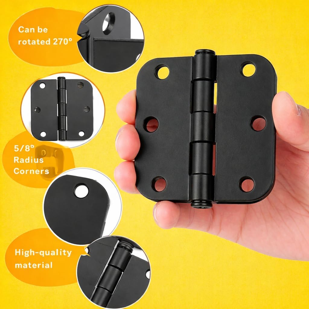 Door Hinges 3.5 Inch Rounded Matte Black 5/8" Radius Interior Flat Iron Bifold Residential Standard Bedroom Indoor Hardware (2 Pack)