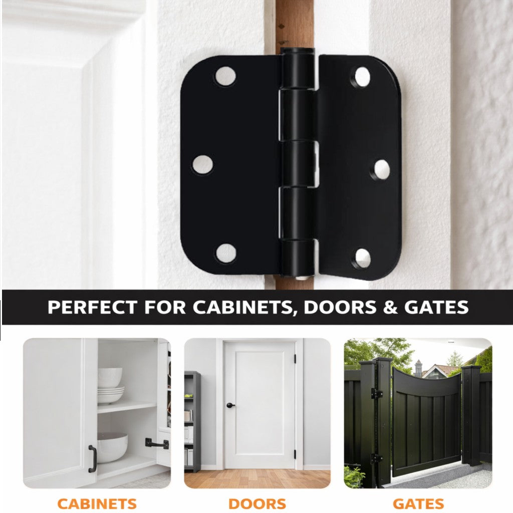 Door Hinges 3.5 Inch Rounded Matte Black 5/8" Radius Interior Flat Iron Bifold Residential Standard Bedroom Indoor Hardware (2 Pack)