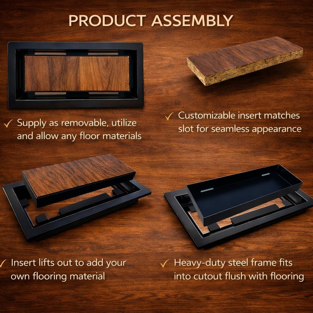Flush Floor Register Vent 4X10 Heavy Duty Steel Covers Tile Insert Vents registers 10x4 Drop in Custom Modern Hidden Invisible Low Profile Mount