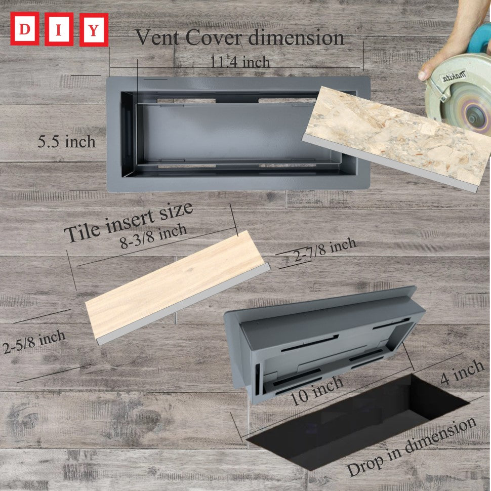 Flush Floor Vent 4X10 Register Heavy Duty Steel Covers Tile Insert 10x4 Drop in Custom Modern Tiles Hidden Invisible Low Profile Mount