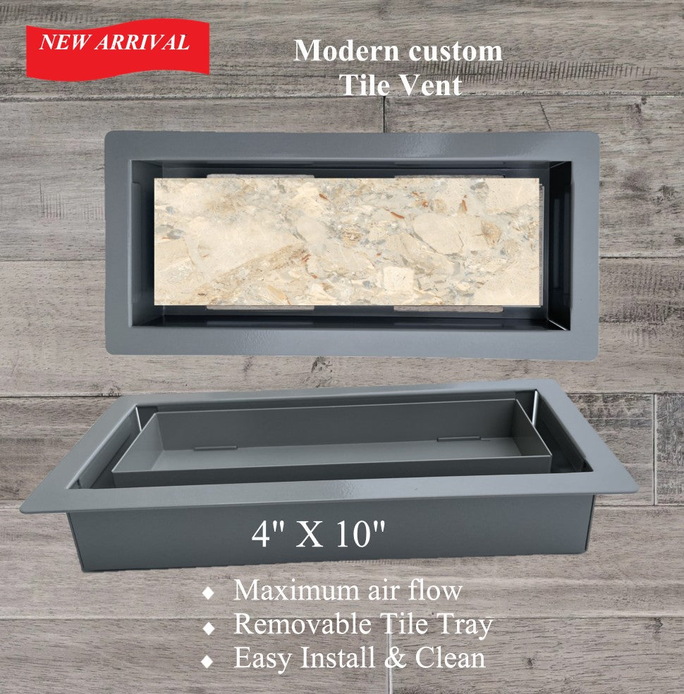 Flush Floor Vent 4X10 Register Heavy Duty Steel Covers Tile Insert 10x4 Drop in Custom Modern Tiles Hidden Invisible Low Profile Mount