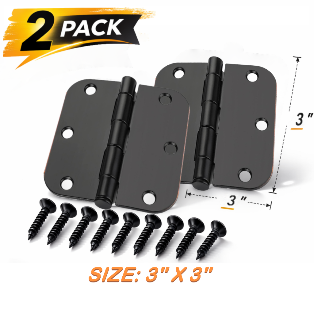Door Hinges 3 Inch Rounded Matte Black 5/8" Radius Interior Flat Iron Bifold Residential Standard Bedroom Indoor Hardware (2 Pack)